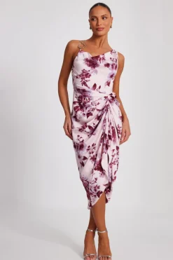 Quiz Baby Pink Satin Floral Midi Dress Clearance