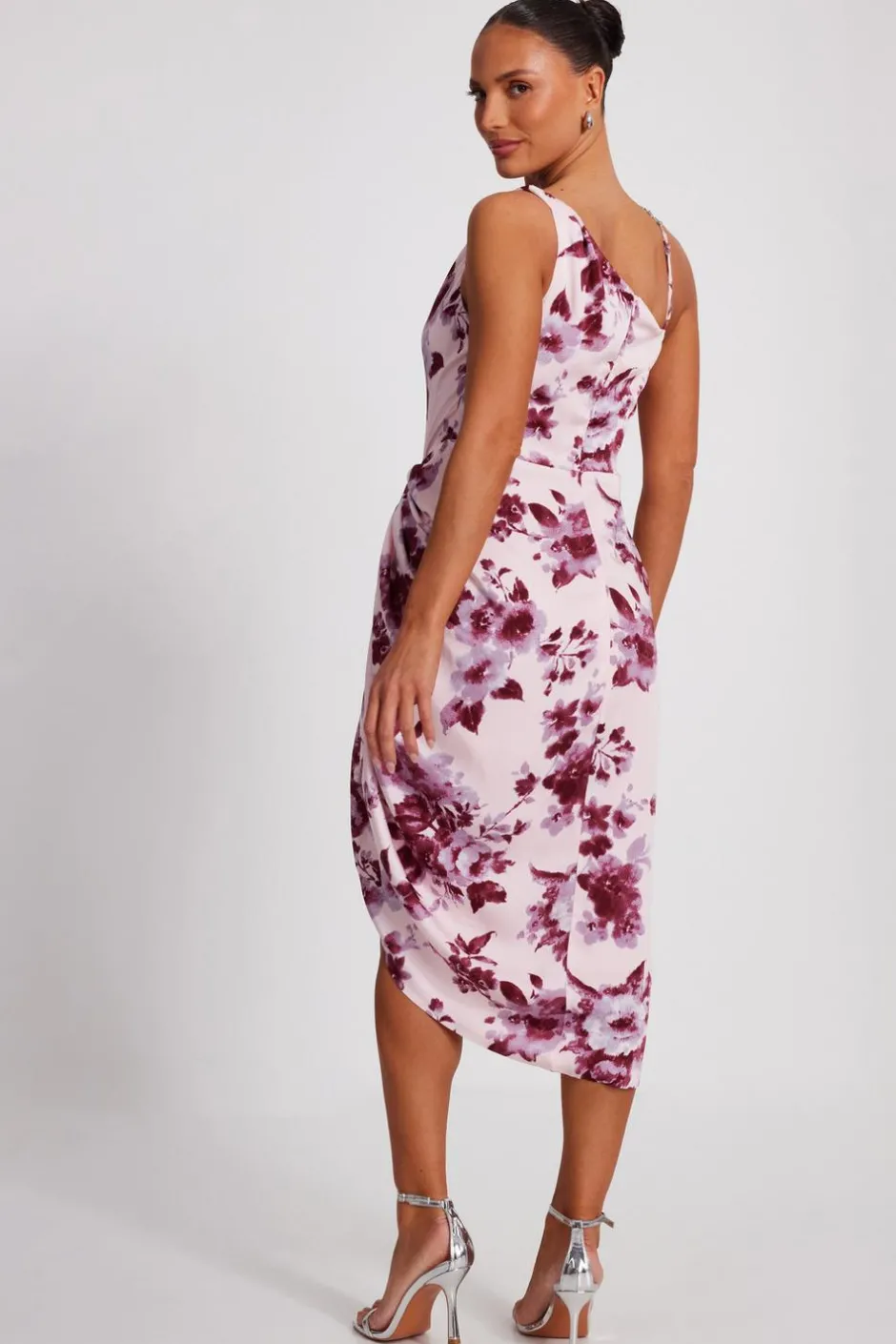 Quiz Baby Pink Satin Floral Midi Dress Clearance