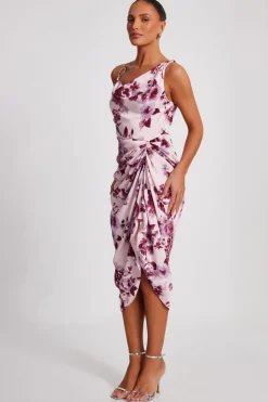 Quiz Baby Pink Satin Floral Midi Dress Clearance