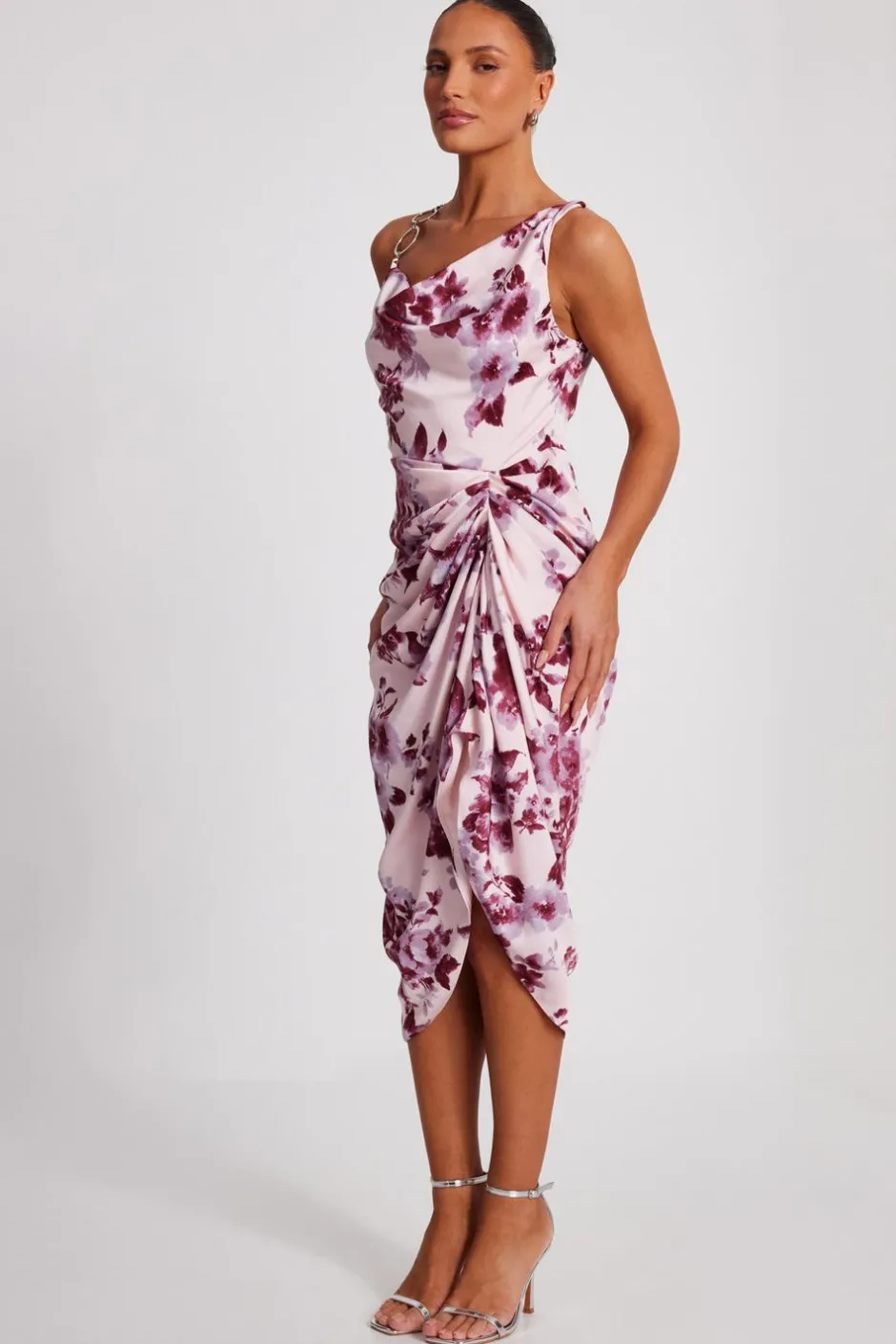 Quiz Baby Pink Satin Floral Midi Dress Clearance