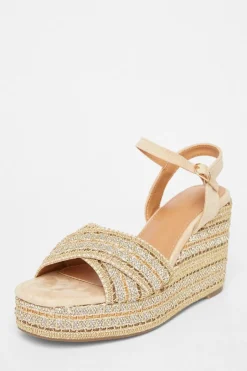 Quiz Cross Strap Diamante Wedges Beige Best