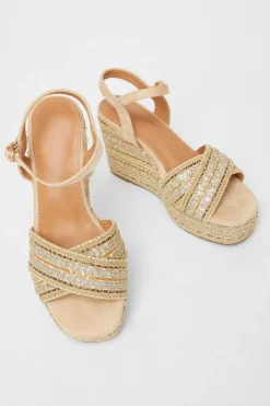 Quiz Cross Strap Diamante Wedges Beige Best