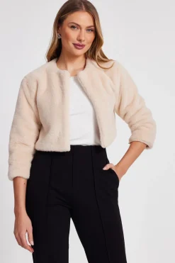 Quiz Faux Fur Crop Sleeve Cape Beige Clearance