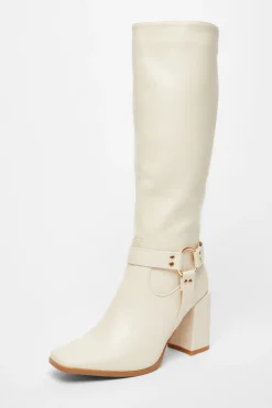 Quiz Faux Leather Knee High Boots Beige Outlet