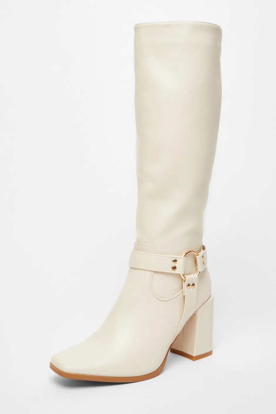 Quiz Faux Leather Knee High Boots Beige Outlet