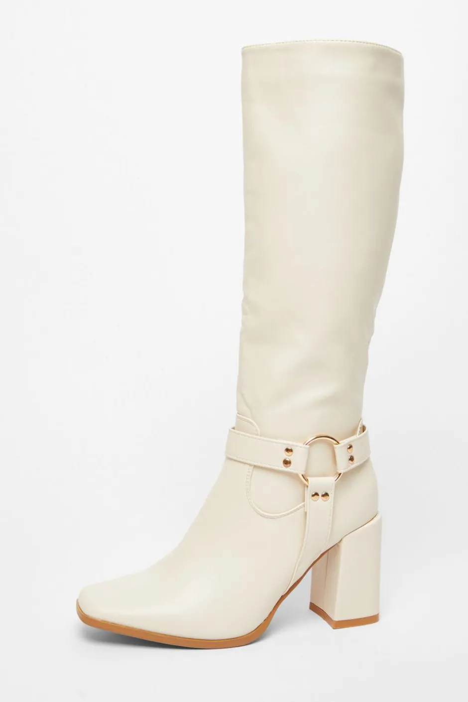 Quiz Faux Leather Knee High Boots Beige Outlet