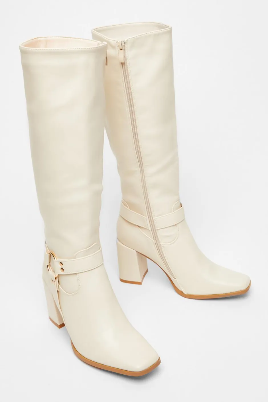 Quiz Faux Leather Knee High Boots Beige Outlet