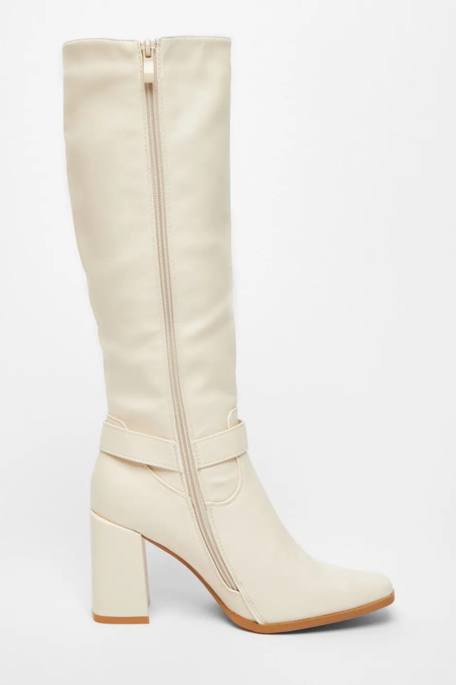 Quiz Faux Leather Knee High Boots Beige Outlet