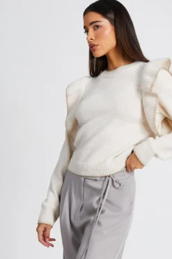 Quiz Knitted Frill Sleeve Jumper Beige Sale