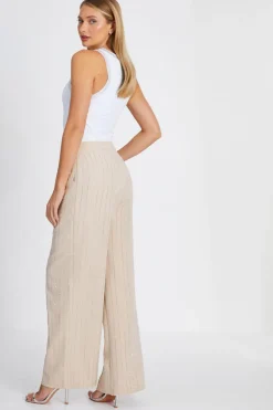 Quiz Beige Pinstripe Embellished Wide Leg Trousers Hot