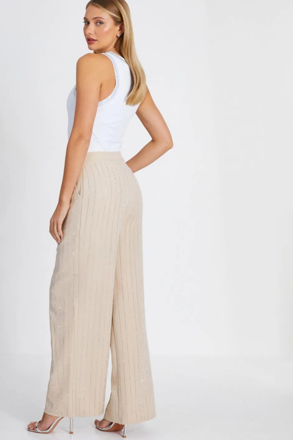 Quiz Beige Pinstripe Embellished Wide Leg Trousers Hot