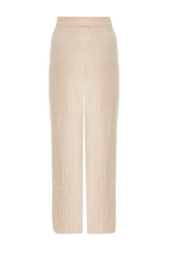 Quiz Beige Pinstripe Embellished Wide Leg Trousers Hot