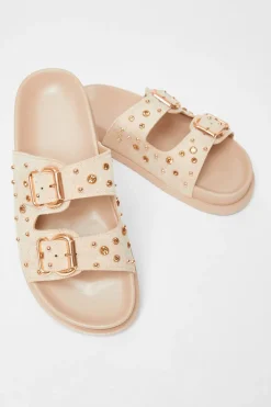 Quiz Beige Studded Flat Sandals Outlet