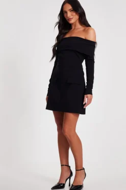 Quiz Black Bardot Long Sleeve Mini Dress Hot