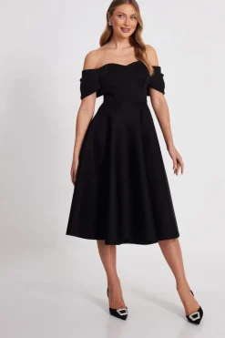 Quiz Black Bardot Midi Skater Dress Sale
