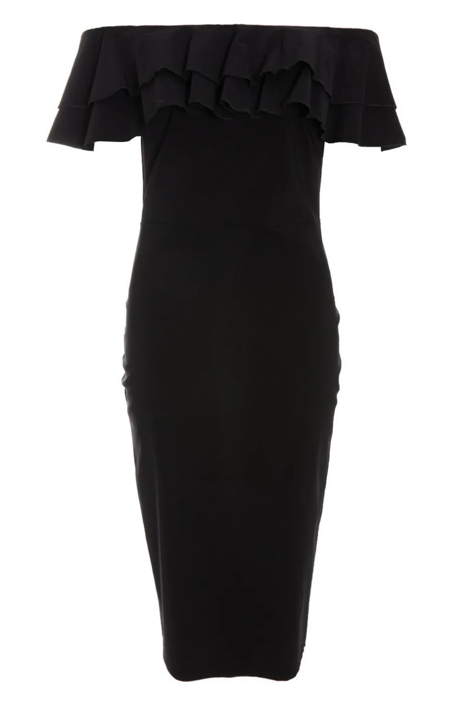 Quiz Black Bardot Ruffle Midi Bodycon Dress New