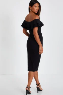 Quiz Black Bardot Ruffle Midi Bodycon Dress New