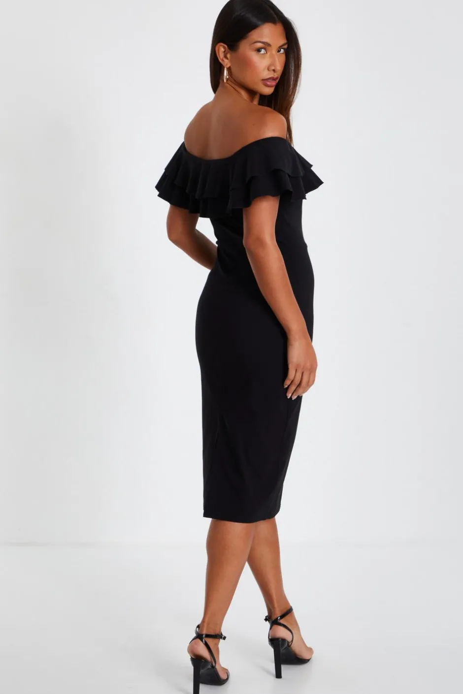 Quiz Black Bardot Ruffle Midi Bodycon Dress New
