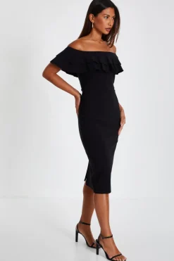 Quiz Black Bardot Ruffle Midi Bodycon Dress New