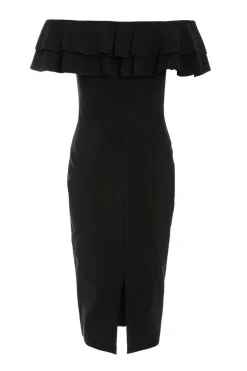 Quiz Black Bardot Ruffle Midi Bodycon Dress New