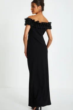 Quiz Black Bardot Ruffle Ruched Maxi Dress New
