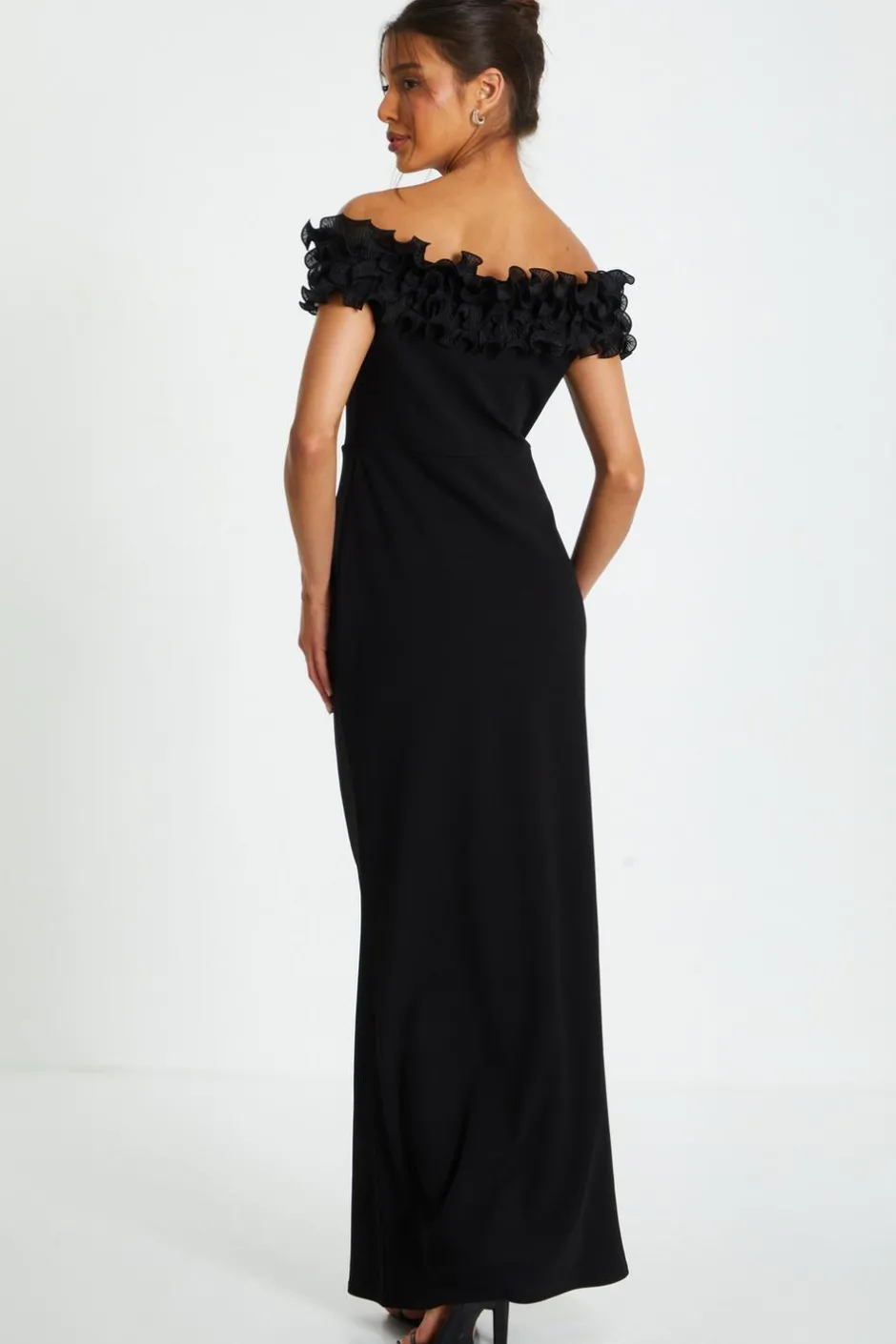 Quiz Black Bardot Ruffle Ruched Maxi Dress New