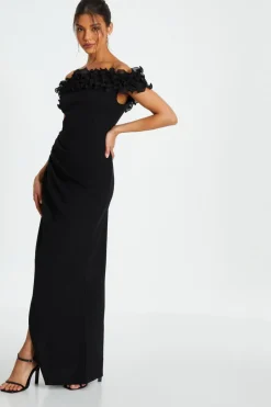 Quiz Black Bardot Ruffle Ruched Maxi Dress New