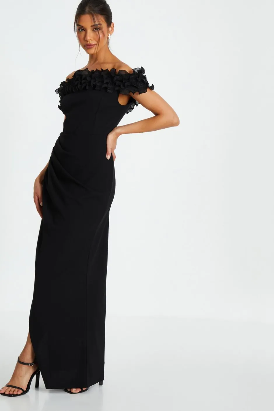 Quiz Black Bardot Ruffle Ruched Maxi Dress New