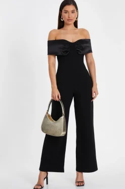 Quiz Black Bardot Satin Detail Jumpsuit Sale