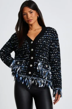 Quiz Black Boucle Knit Fringe Cardigan New