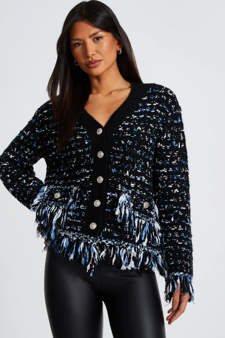 Quiz Black Boucle Knit Fringe Cardigan New