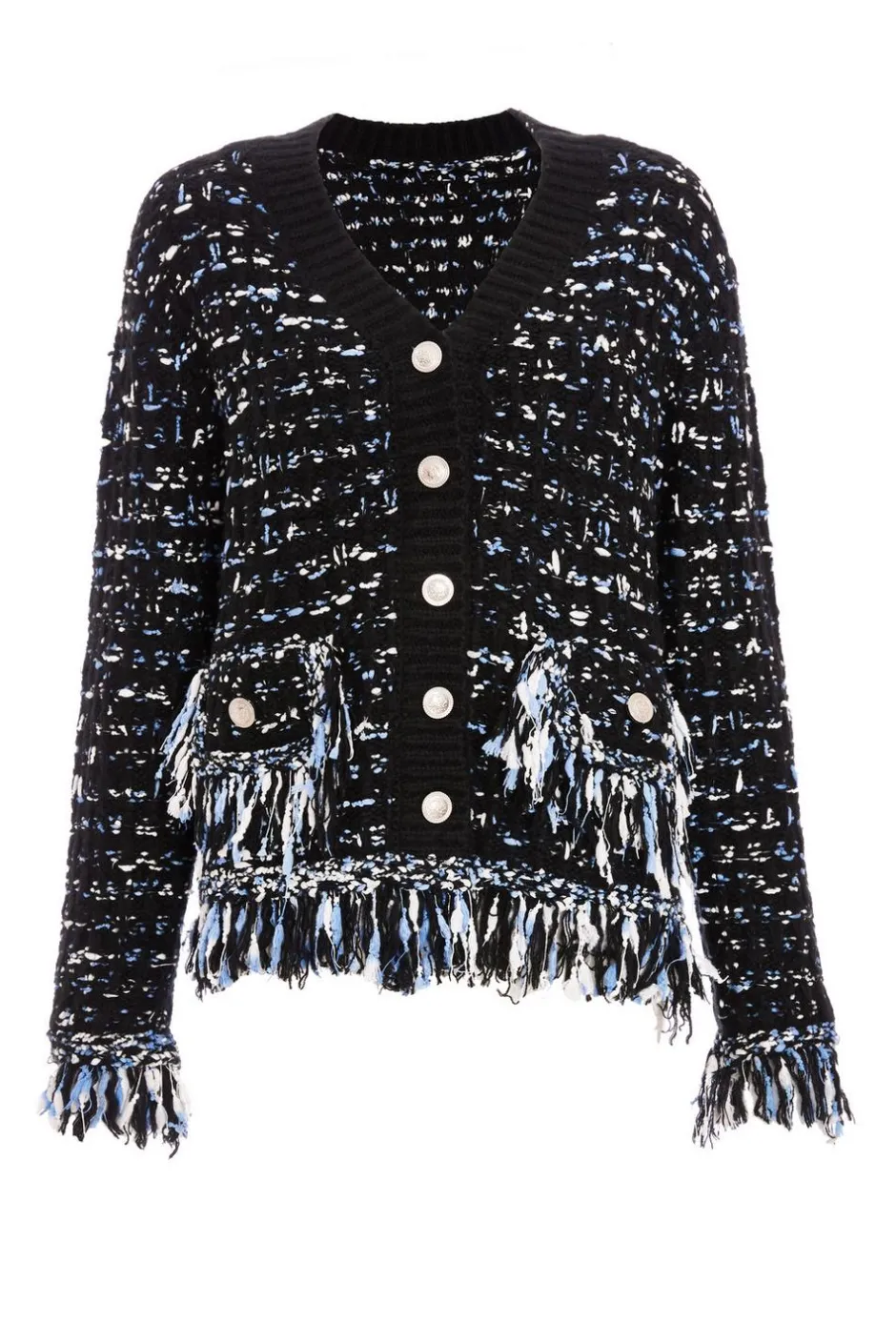 Quiz Black Boucle Knit Fringe Cardigan New