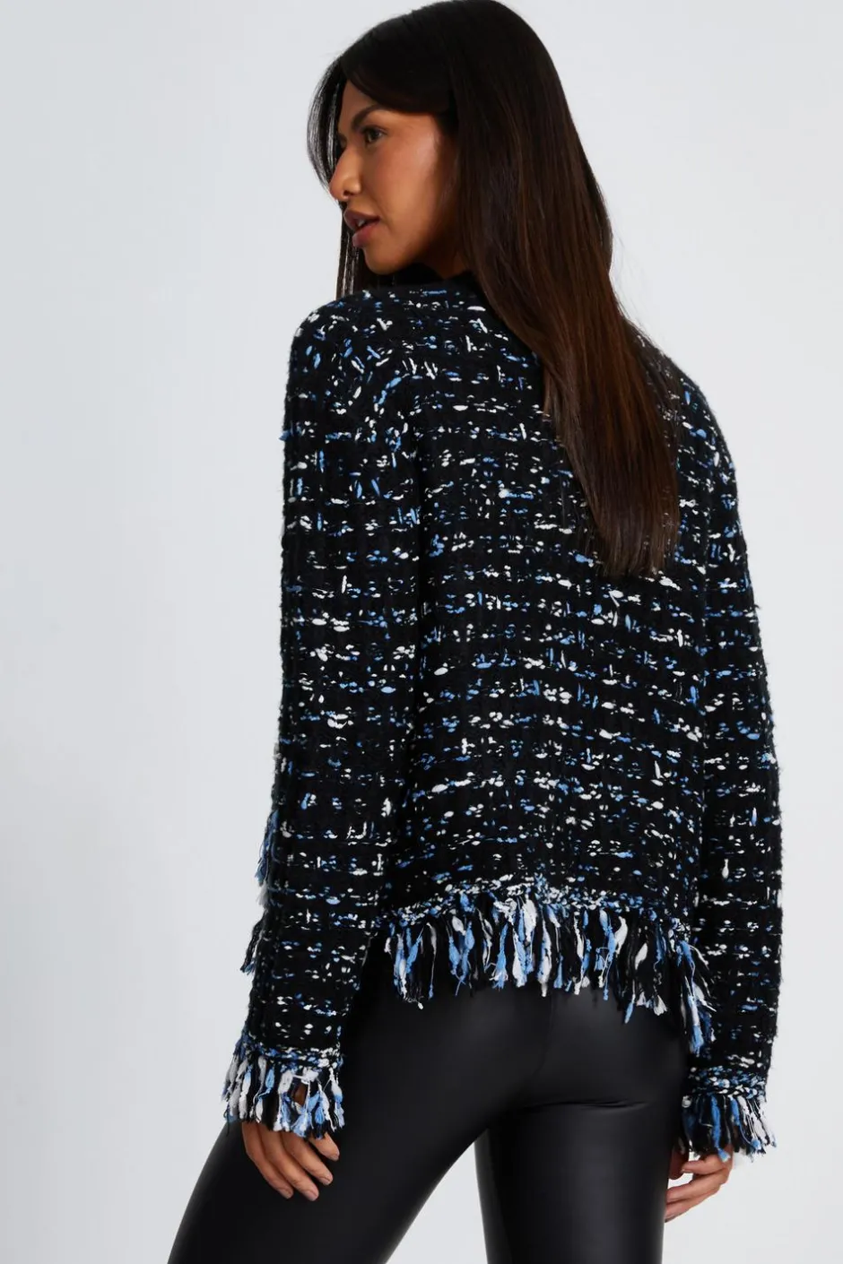 Quiz Black Boucle Knit Fringe Cardigan New