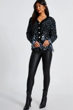 Quiz Black Boucle Knit Fringe Cardigan New