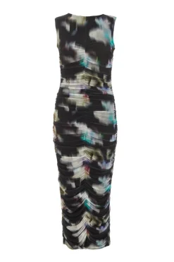 Quiz Black Brushstroke Print Mesh Midaxi Dress Clearance