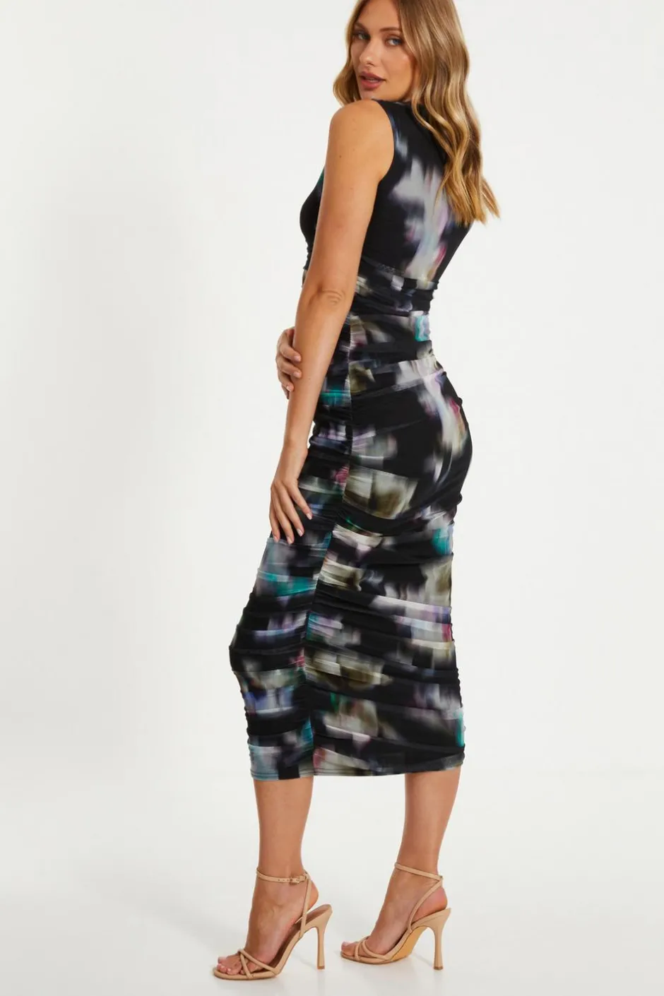 Quiz Black Brushstroke Print Mesh Midaxi Dress Clearance