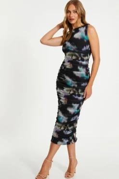 Quiz Black Brushstroke Print Mesh Midaxi Dress Clearance
