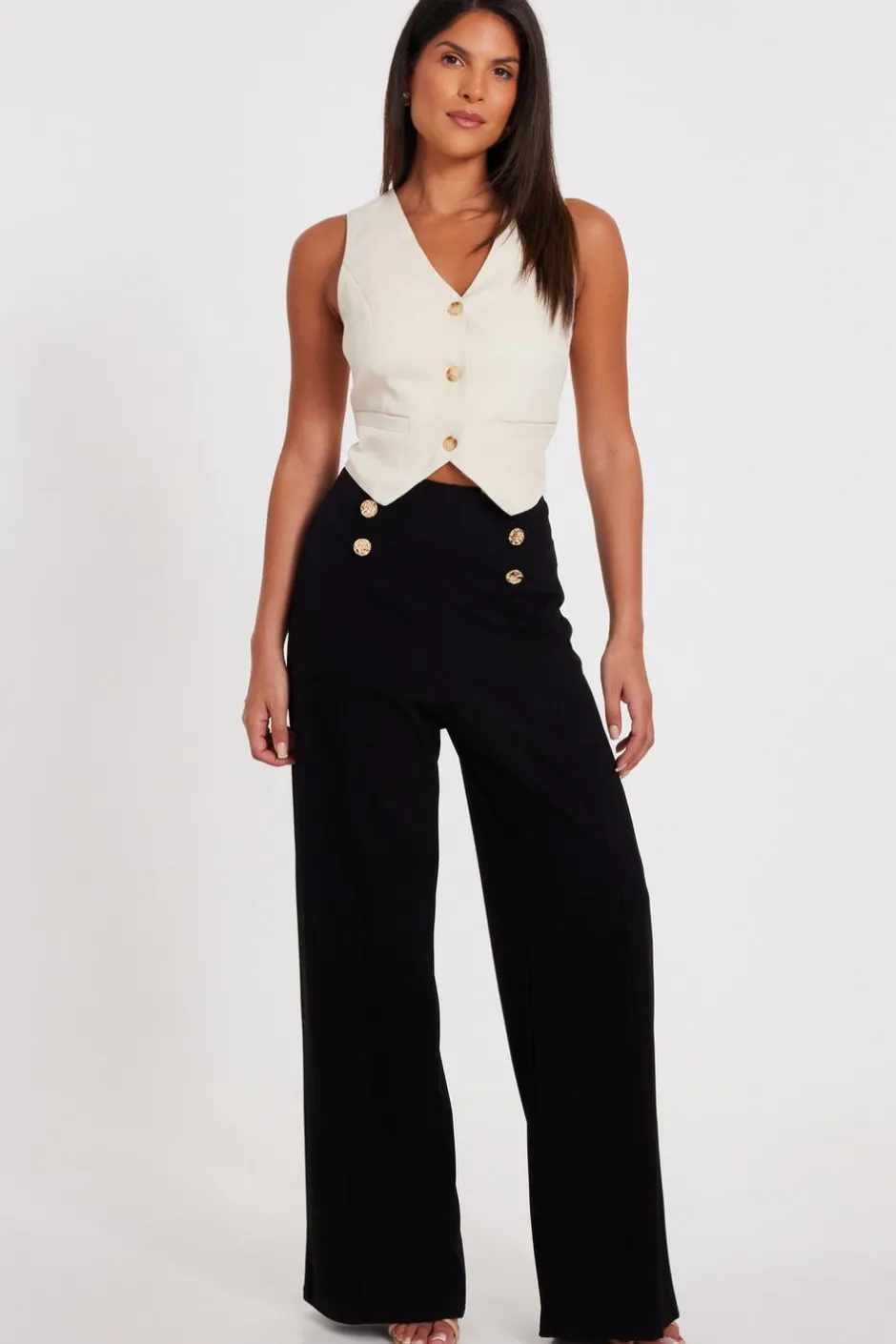 Quiz Button Detail Palazzo Trousers Black Outlet