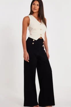 Quiz Button Detail Palazzo Trousers Black Outlet