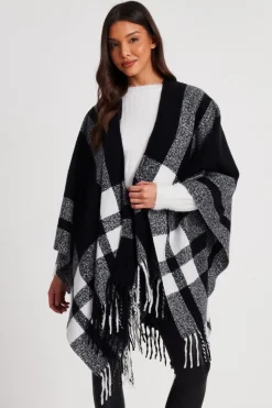 Quiz Check Print Tassel Cape Black Clearance