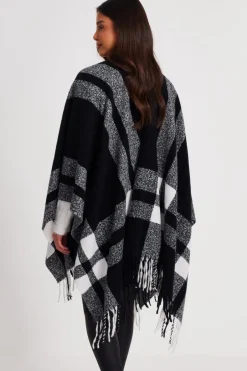Quiz Check Print Tassel Cape Black Clearance