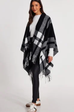 Quiz Check Print Tassel Cape Black Clearance