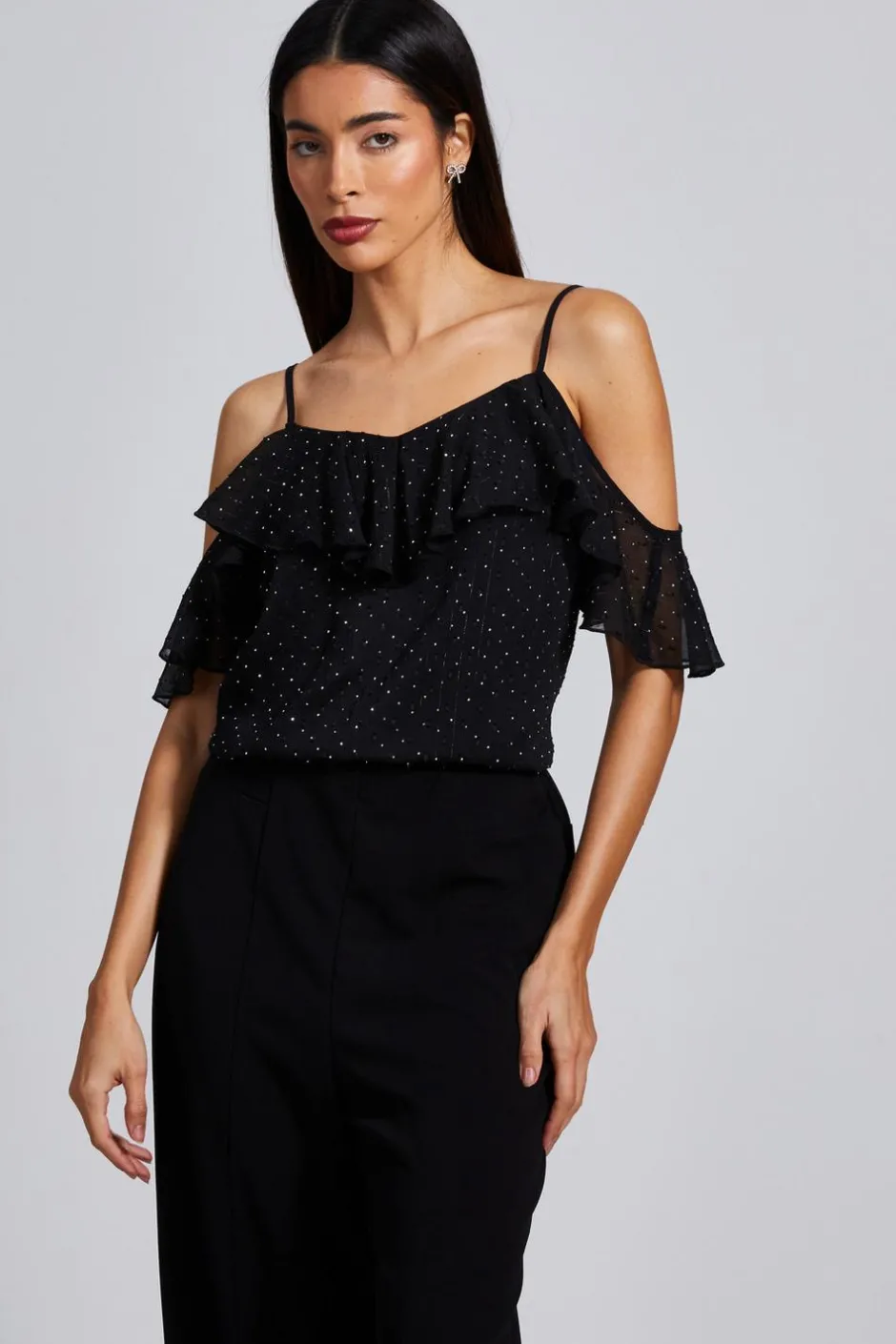 Quiz Chiffon Cold Shoulder Top Black