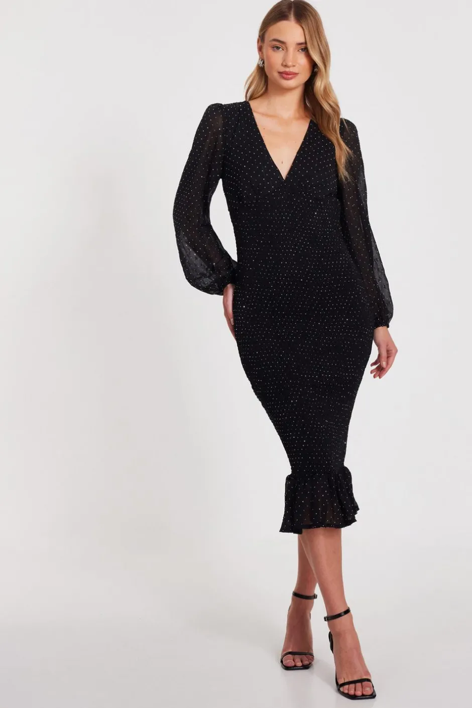 Quiz Black Chiffon Diamante Midi Dress Outlet