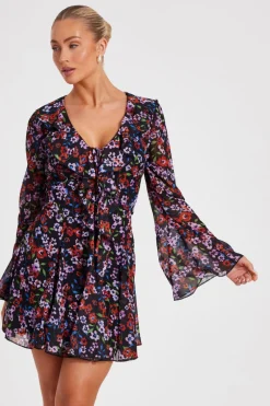 Quiz Black Chiffon Floral Skater Dress Discount