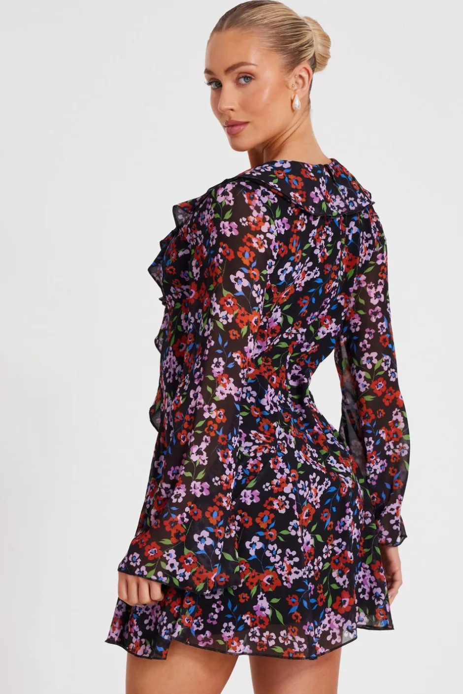Quiz Black Chiffon Floral Skater Dress Discount