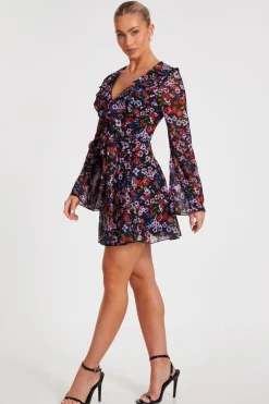 Quiz Black Chiffon Floral Skater Dress Discount