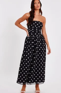 Quiz Chiffon Polka Dot Midi Dress Black New