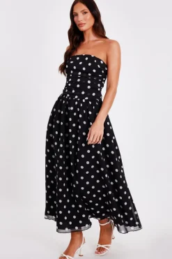 Quiz Chiffon Polka Dot Midi Dress Black New