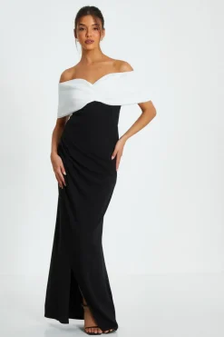 Quiz Black Contrast Bardot Ruched Maxi Dress Online